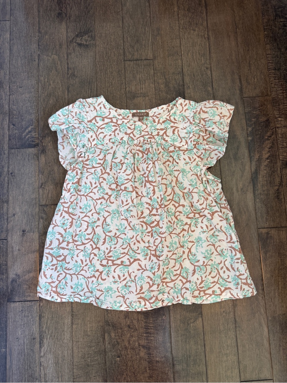 Lilla P Floral Flutter Sleeve Top in White, Mint & Brown